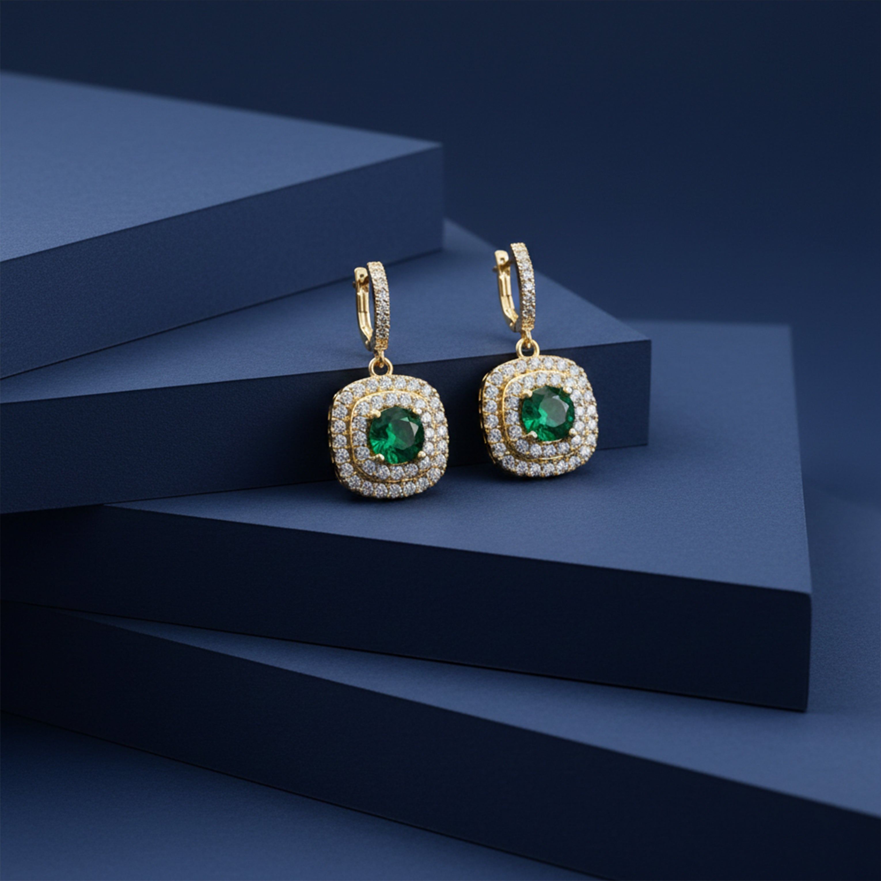 Classic Emerald Halo Gold Earrings