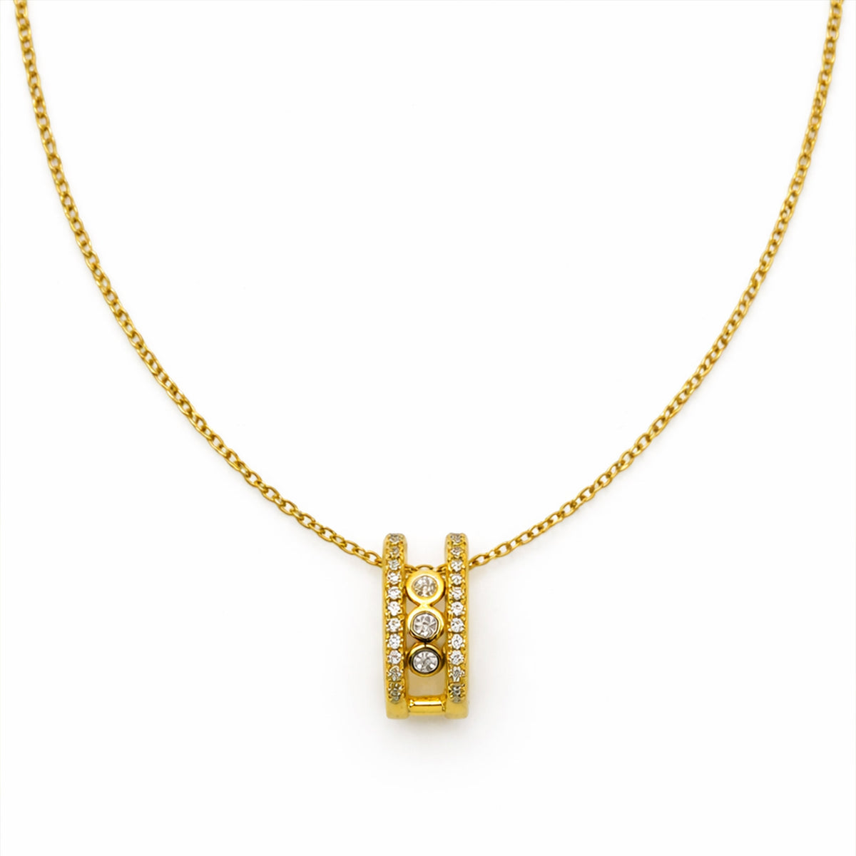 Elegant Gold Double Hoop Diamond Pendant Necklace