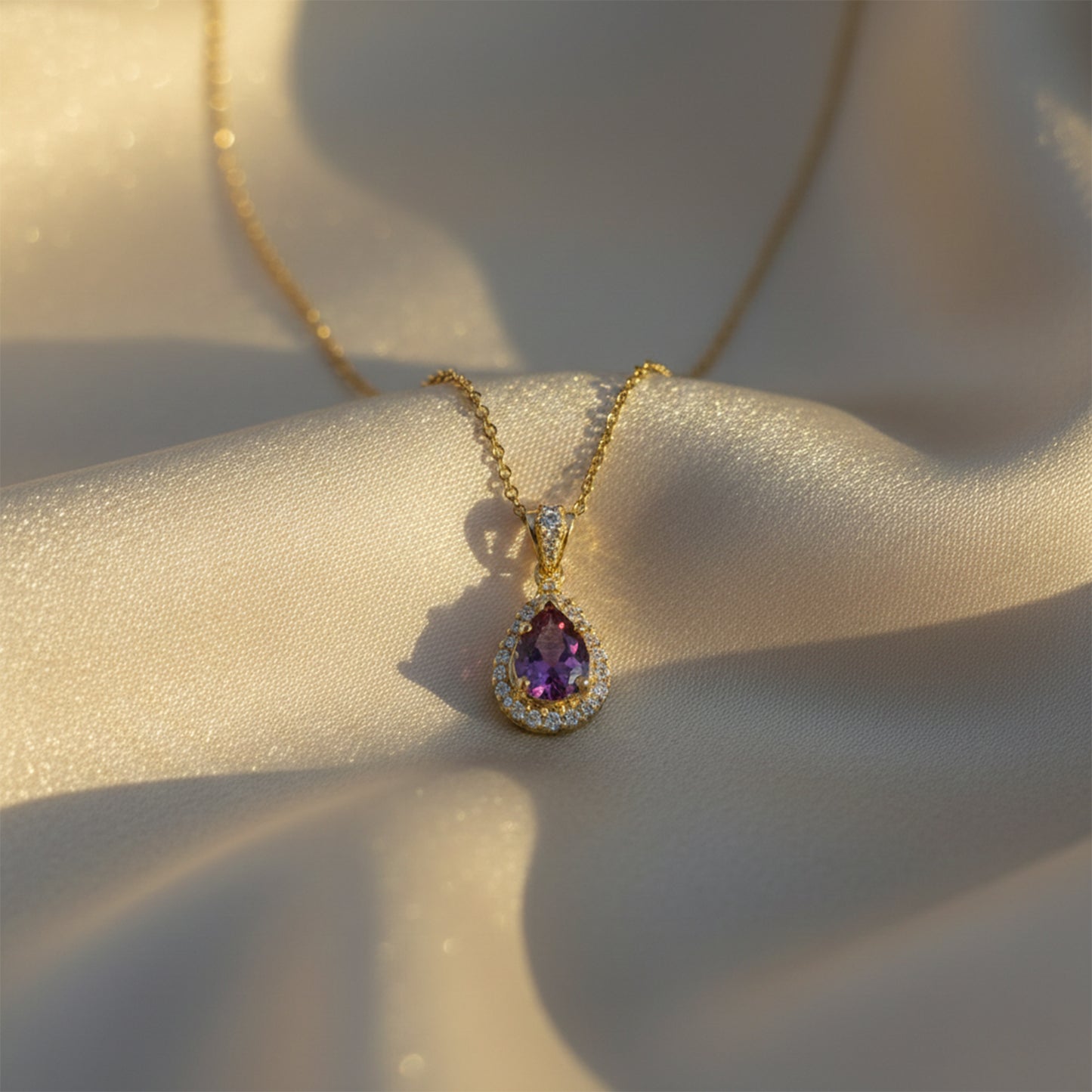 Purple Teardrop Gemstone Gold Pendant Necklace
