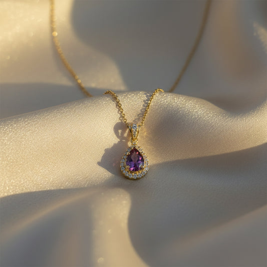Purple Teardrop Gemstone Gold Pendant Necklace