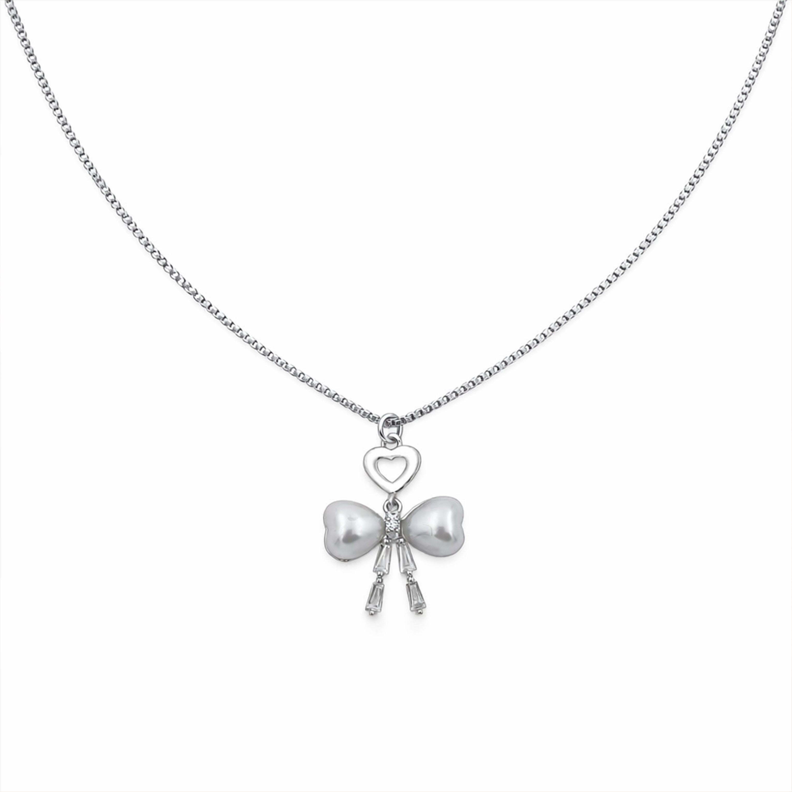 Elegant Silver Heart & Pearl Bow Necklace