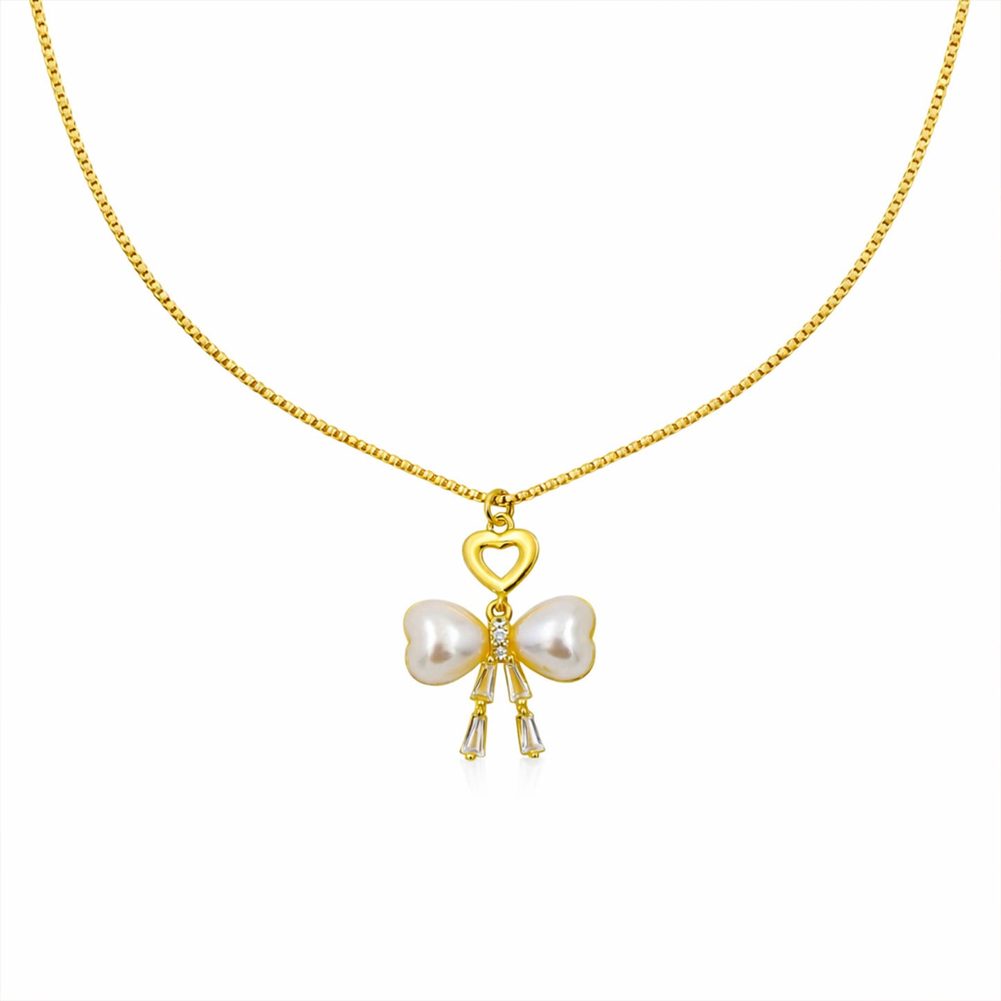 Elegant Gold Heart & Pearl Bow Necklace