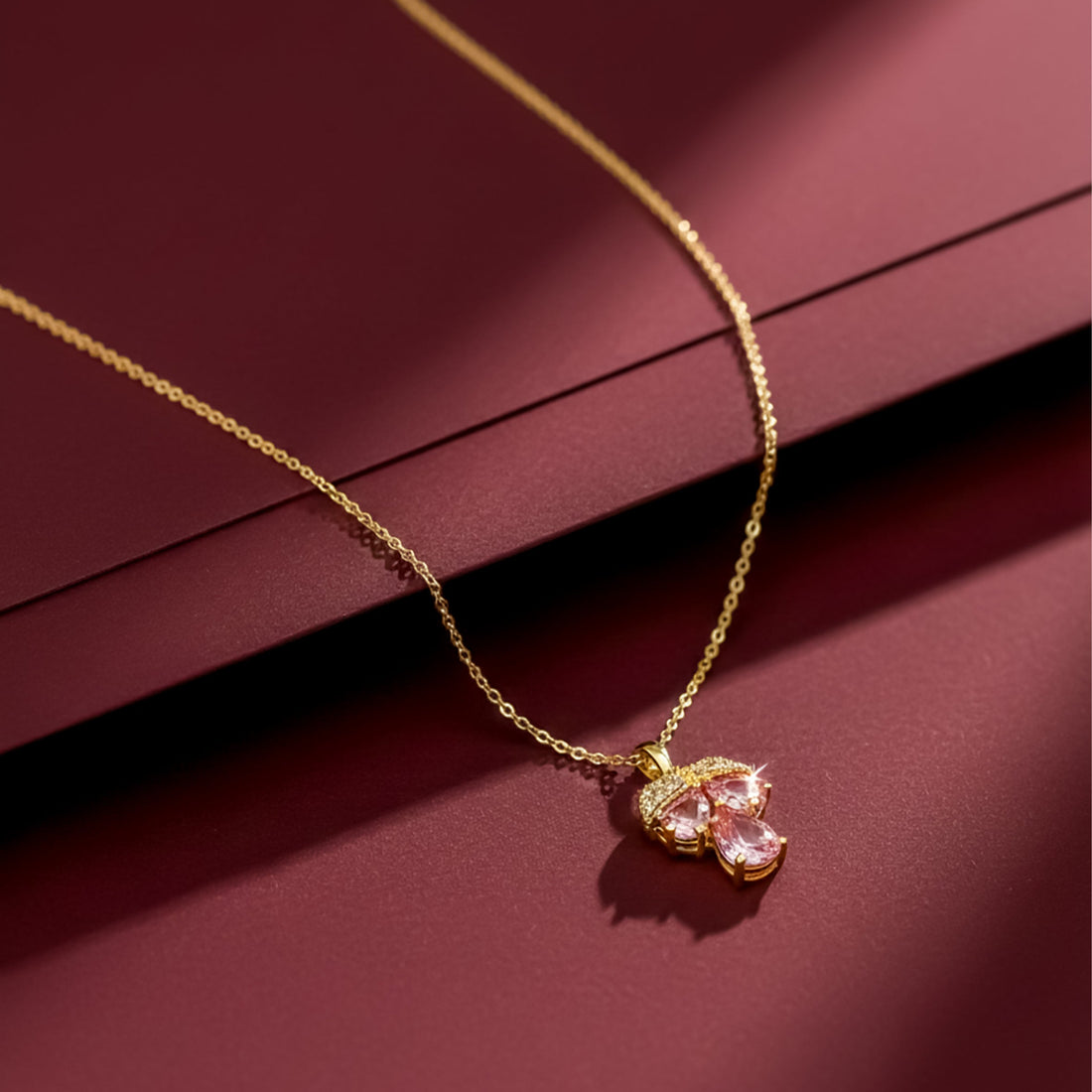 Royal Pink Crystal Leaf Pendant Necklace