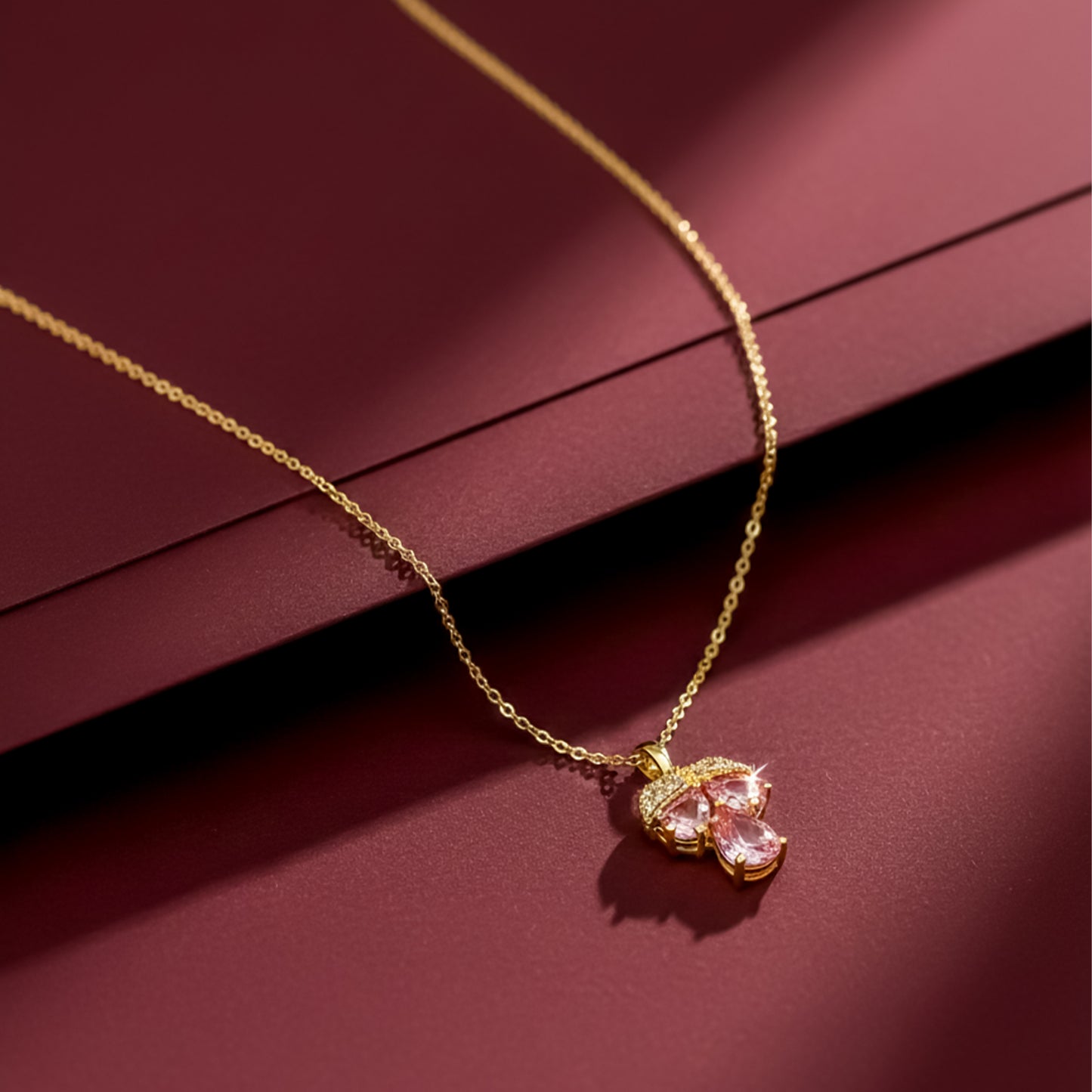 Royal Pink Crystal Leaf Pendant Necklace