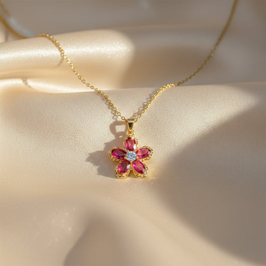 Pink Ruby Flower Pendant Necklace