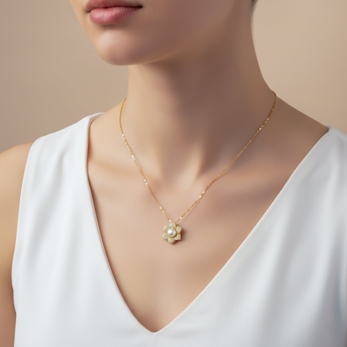 Golden Blossom Pearl Pendant Necklace