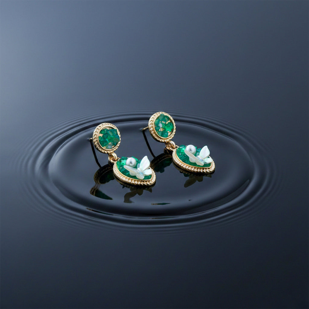 Luxe Botanical Emerald Pearl Earrings