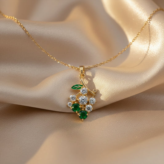Green Flower Crystal Gold Pendant Necklace