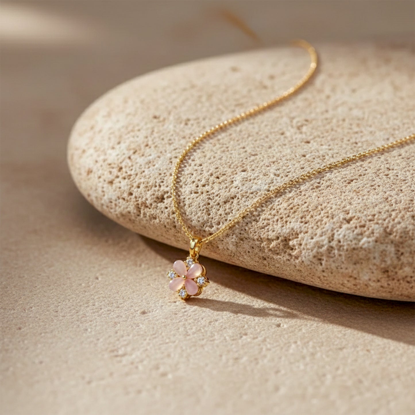 Delicate Pink Floral Charm Gold Necklace