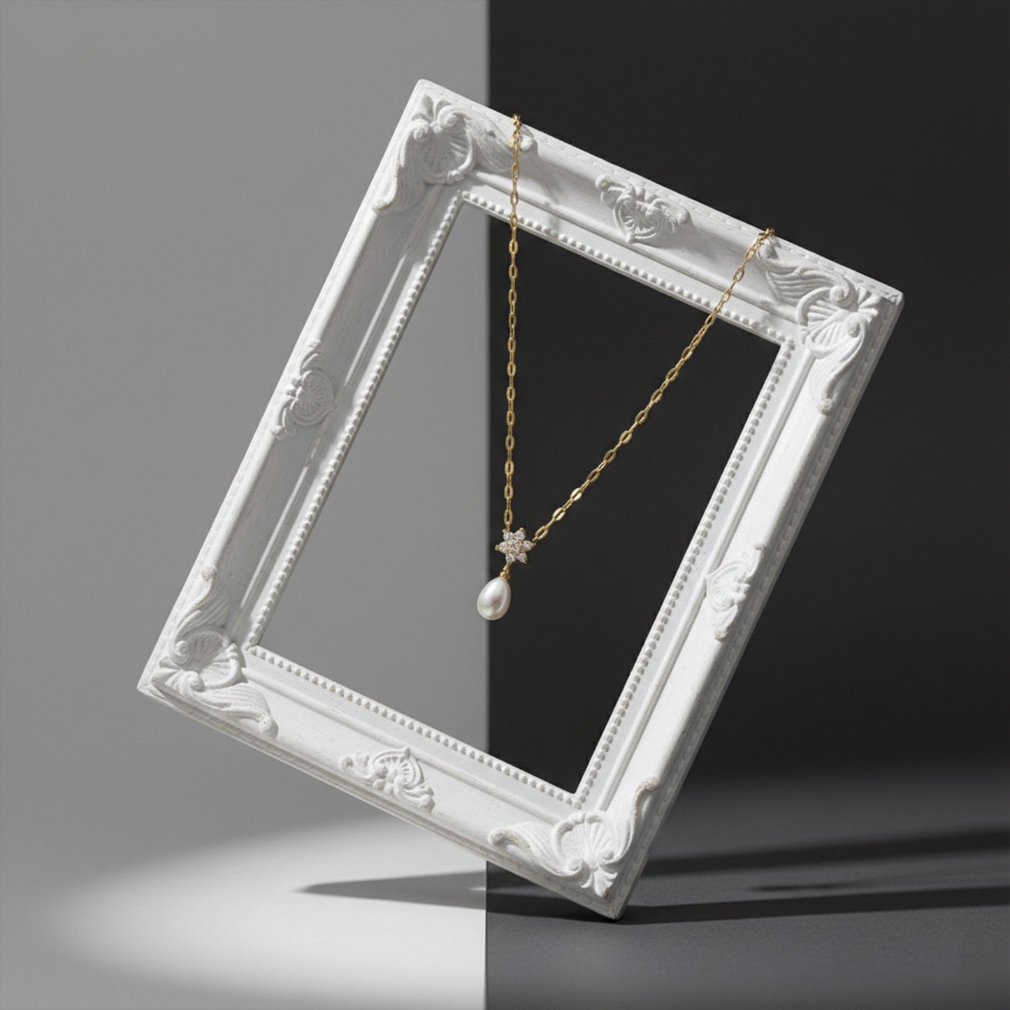 Floral Diamond Pearl Drop Gold Necklace