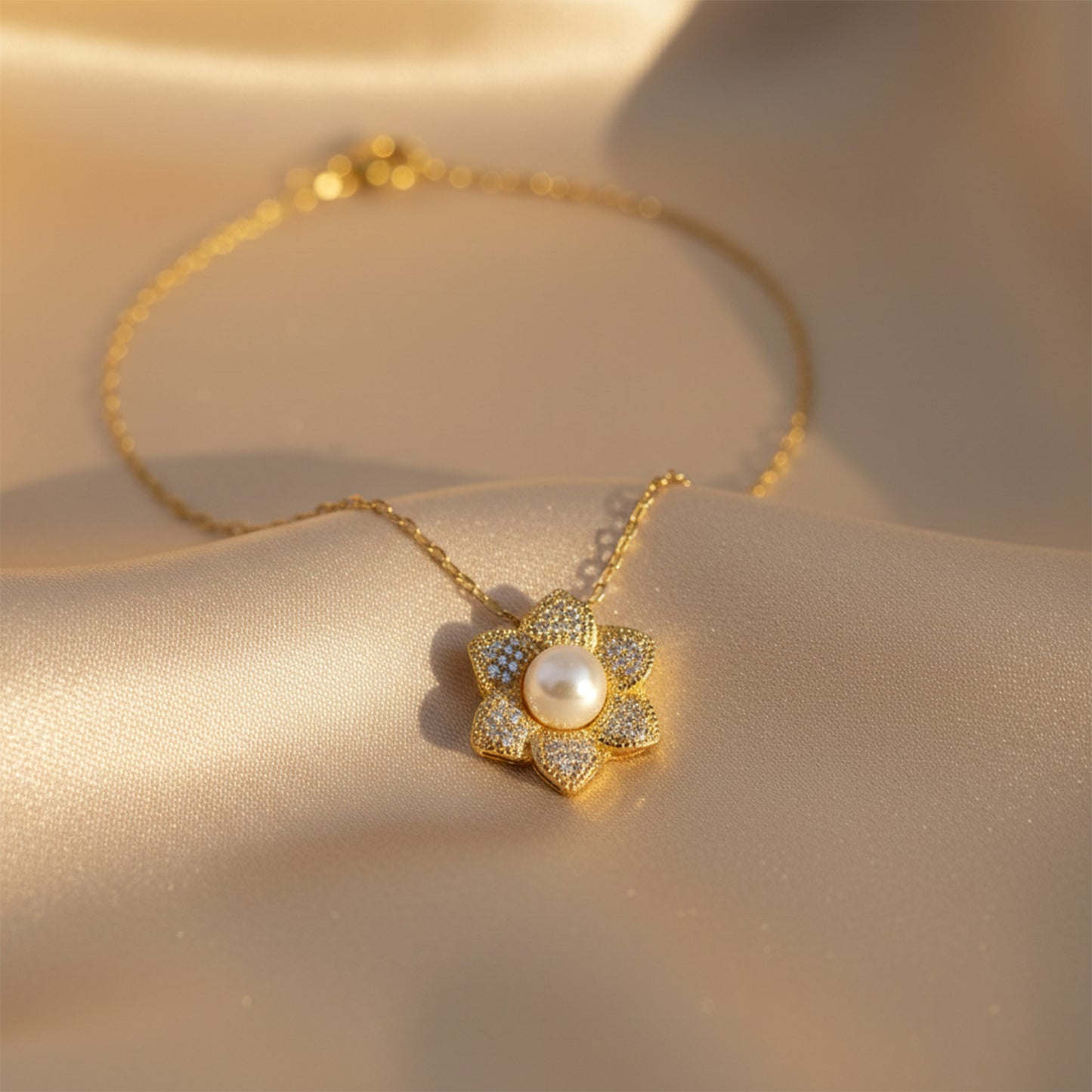 Golden Blossom Pearl Pendant Necklace