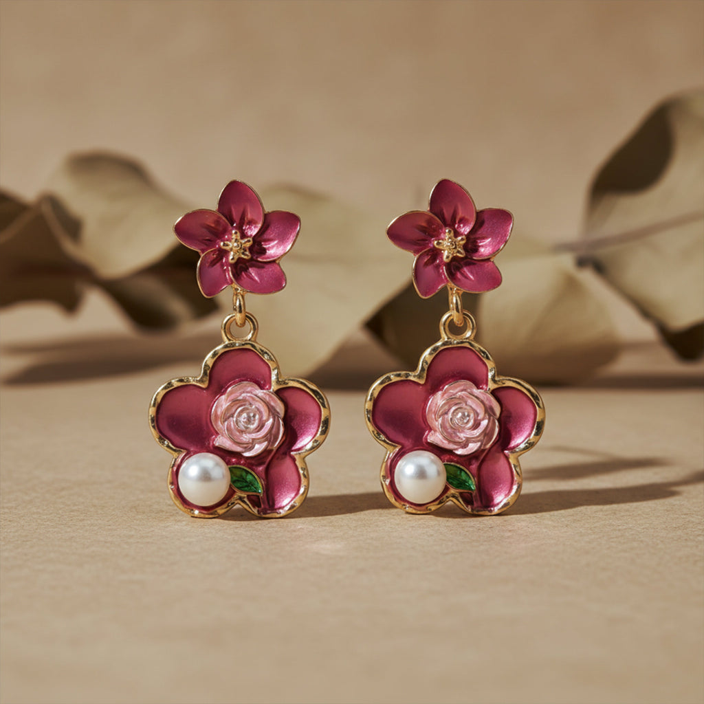 Rose Charm Pearl Drops Earrings