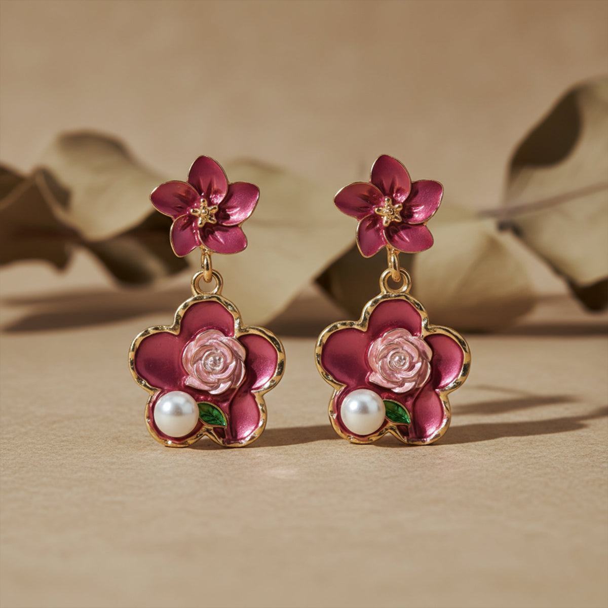 Rose Charm Pearl Drops Earrings
