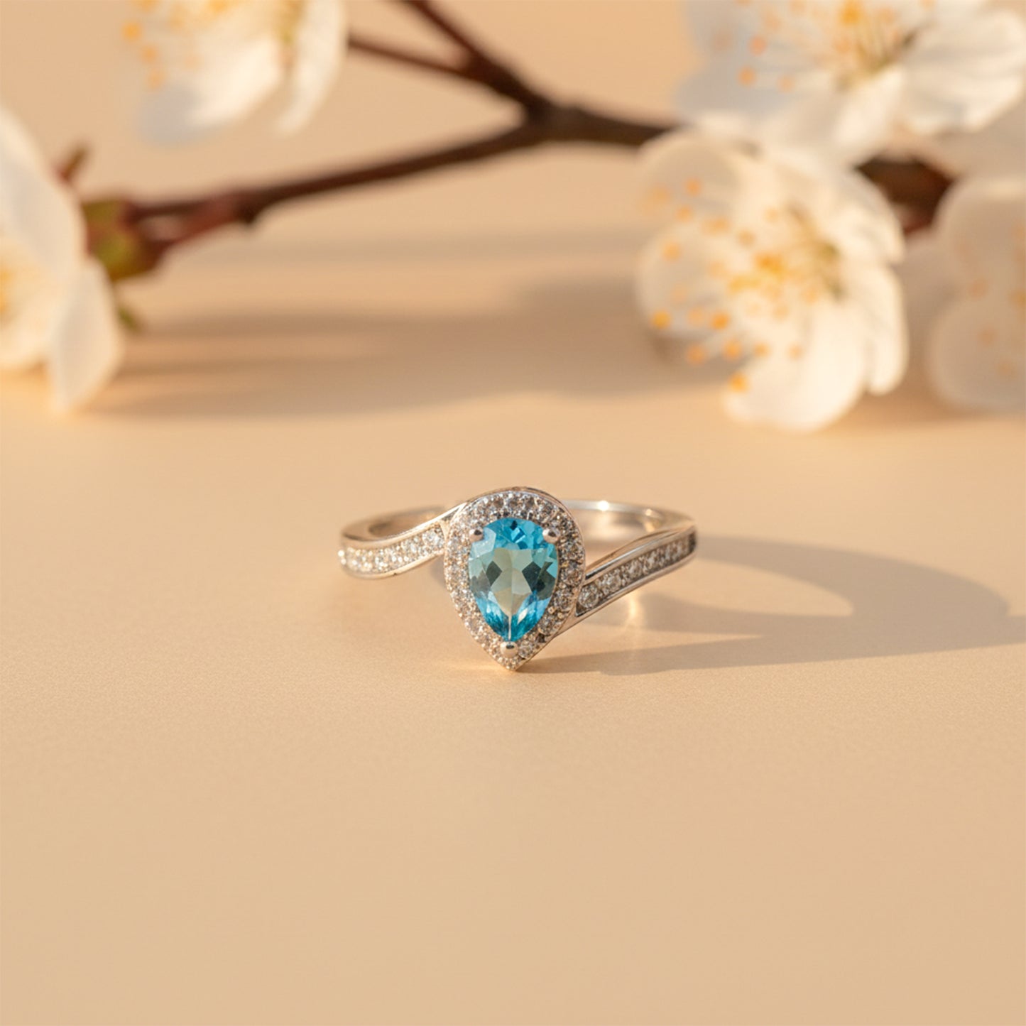 Azure Teardrop Halo Ring