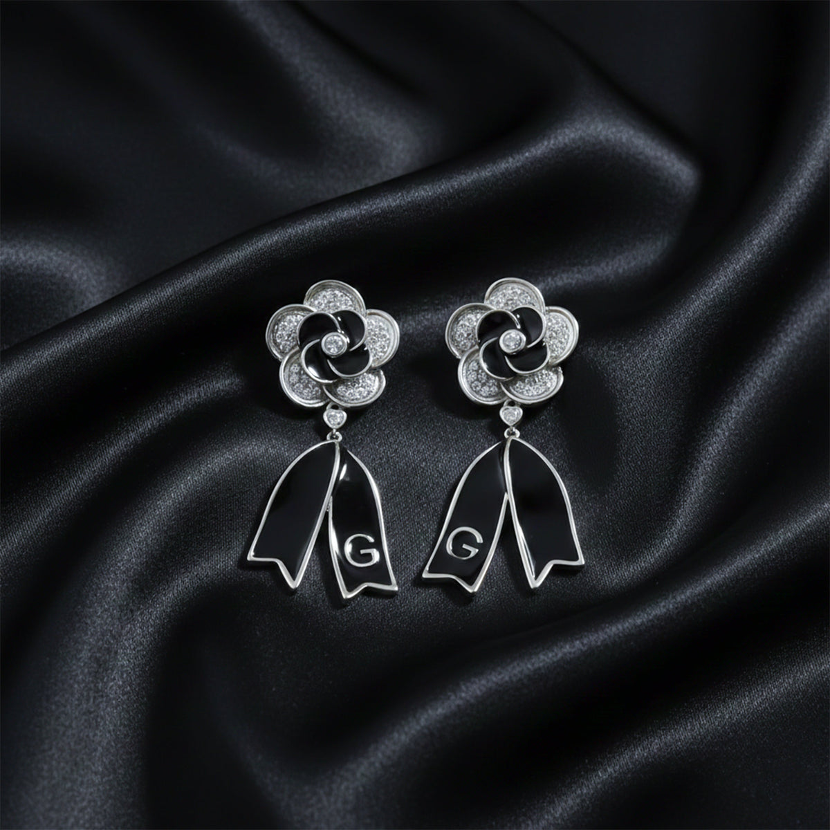 Black Enamel Blossom Drop Earrings