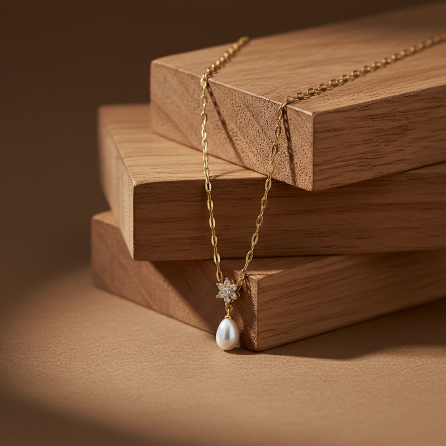 Floral Diamond Pearl Drop Gold Necklace