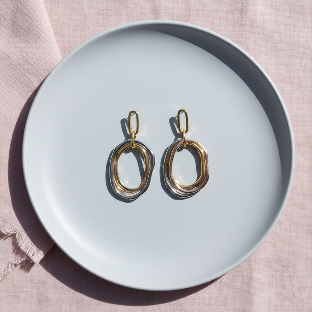 Tri-Tone Layered Oval Statement Earrings