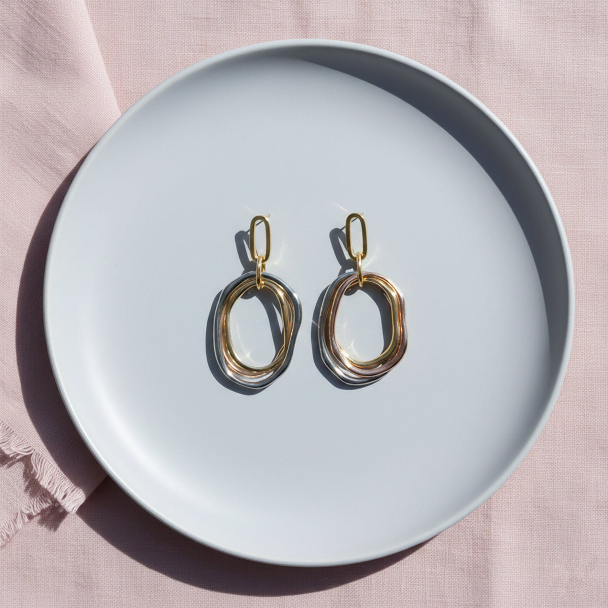 Tri-Tone Layered Oval Statement Earrings