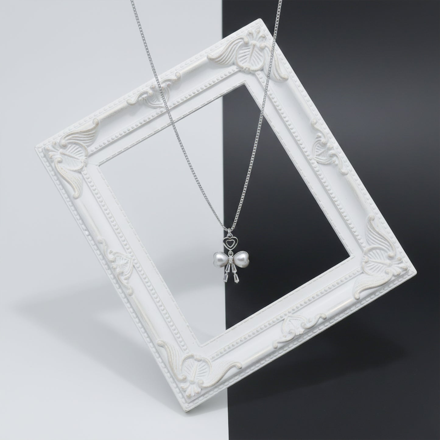 Elegant Silver Heart & Pearl Bow Necklace
