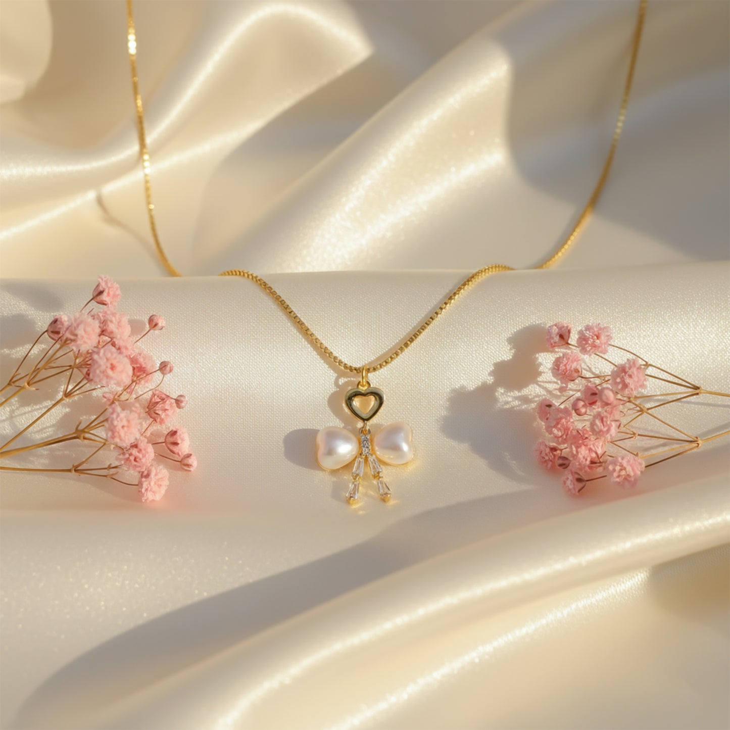 Elegant Gold Heart & Pearl Bow Necklace
