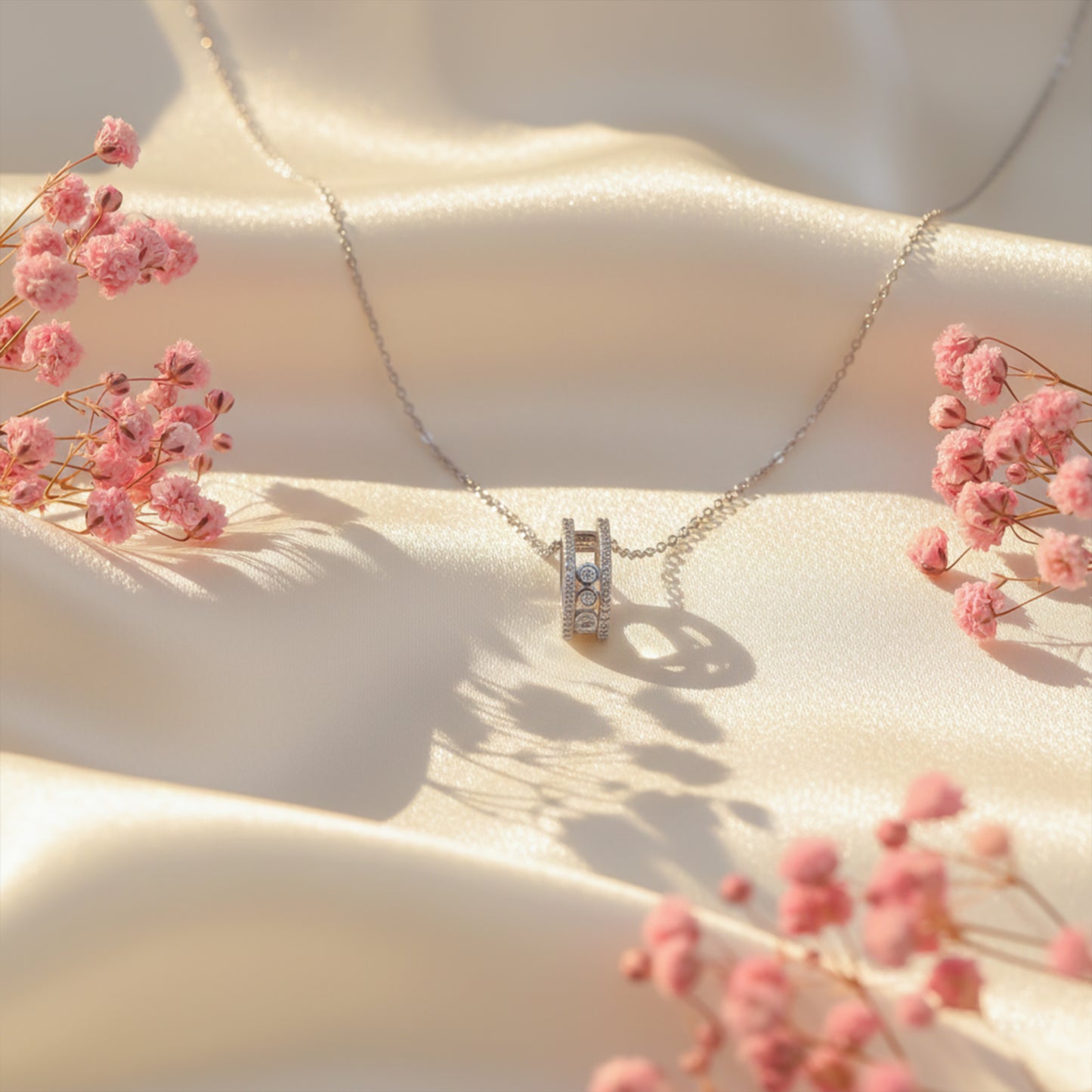 Elegant Silver Double Hoop Diamond Pendant Necklace