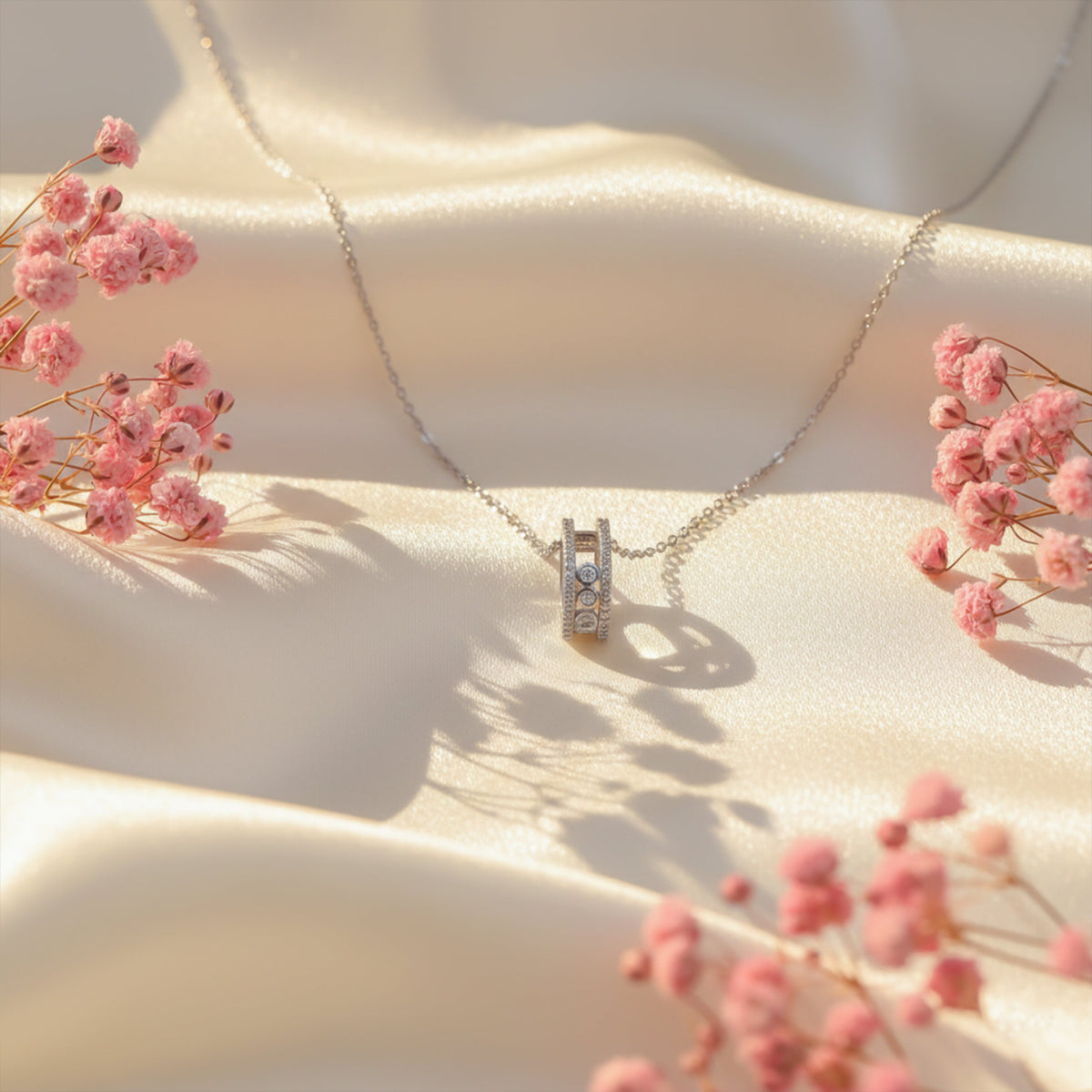 Elegant Silver Double Hoop Diamond Pendant Necklace