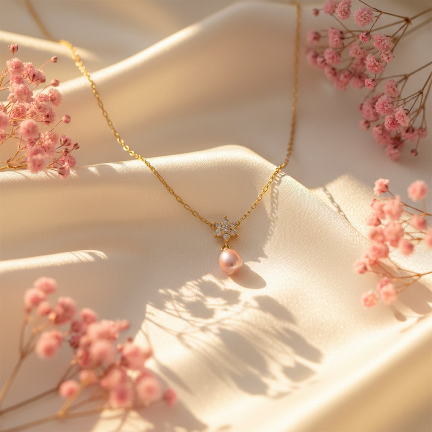 Floral Pink Pearl Drop Pendant Necklace