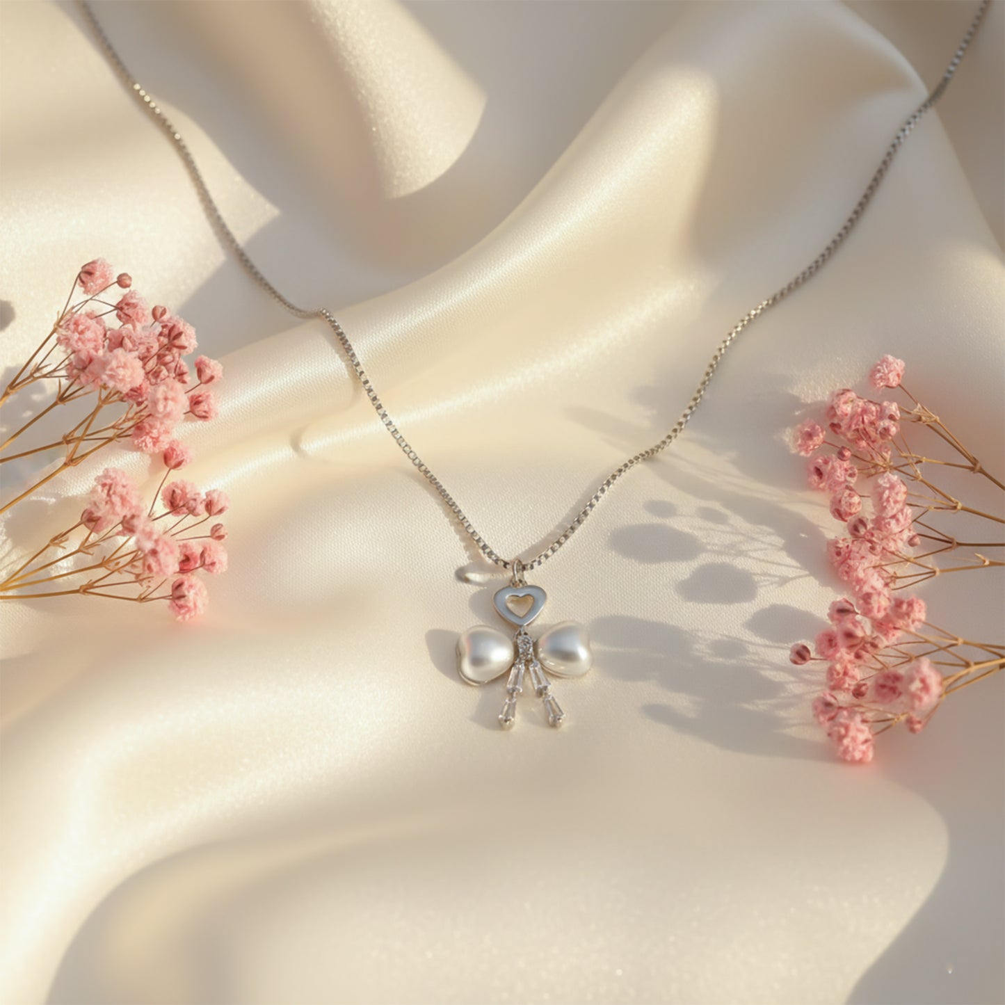 Elegant Silver Heart & Pearl Bow Necklace