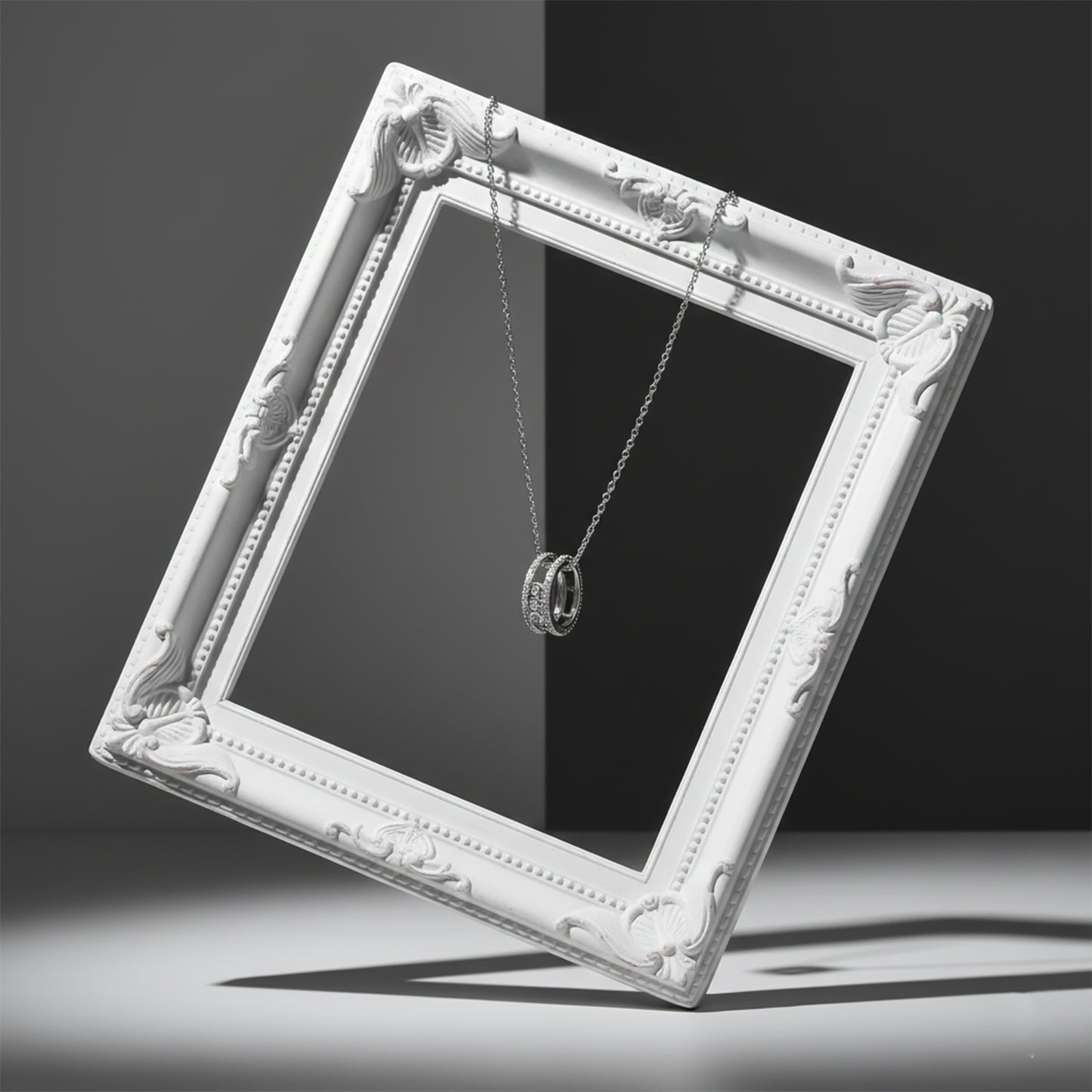 Elegant Silver Double Hoop Diamond Pendant Necklace