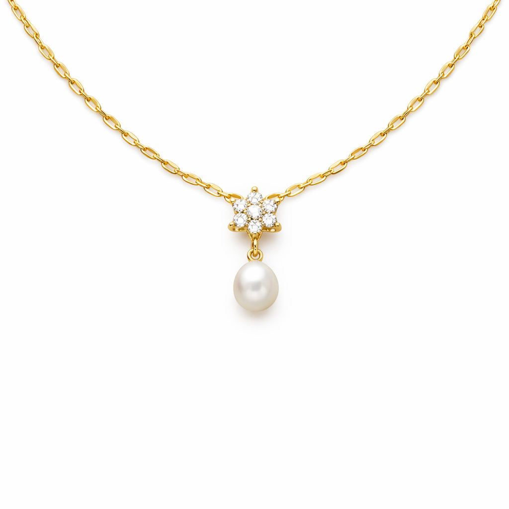 Floral Diamond Pearl Drop Gold Necklace