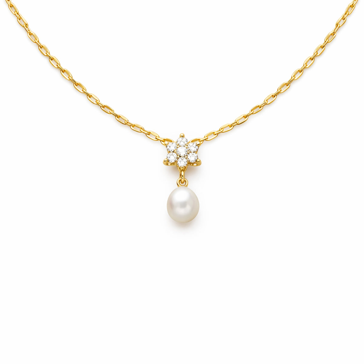 Floral Diamond Pearl Drop Gold Necklace