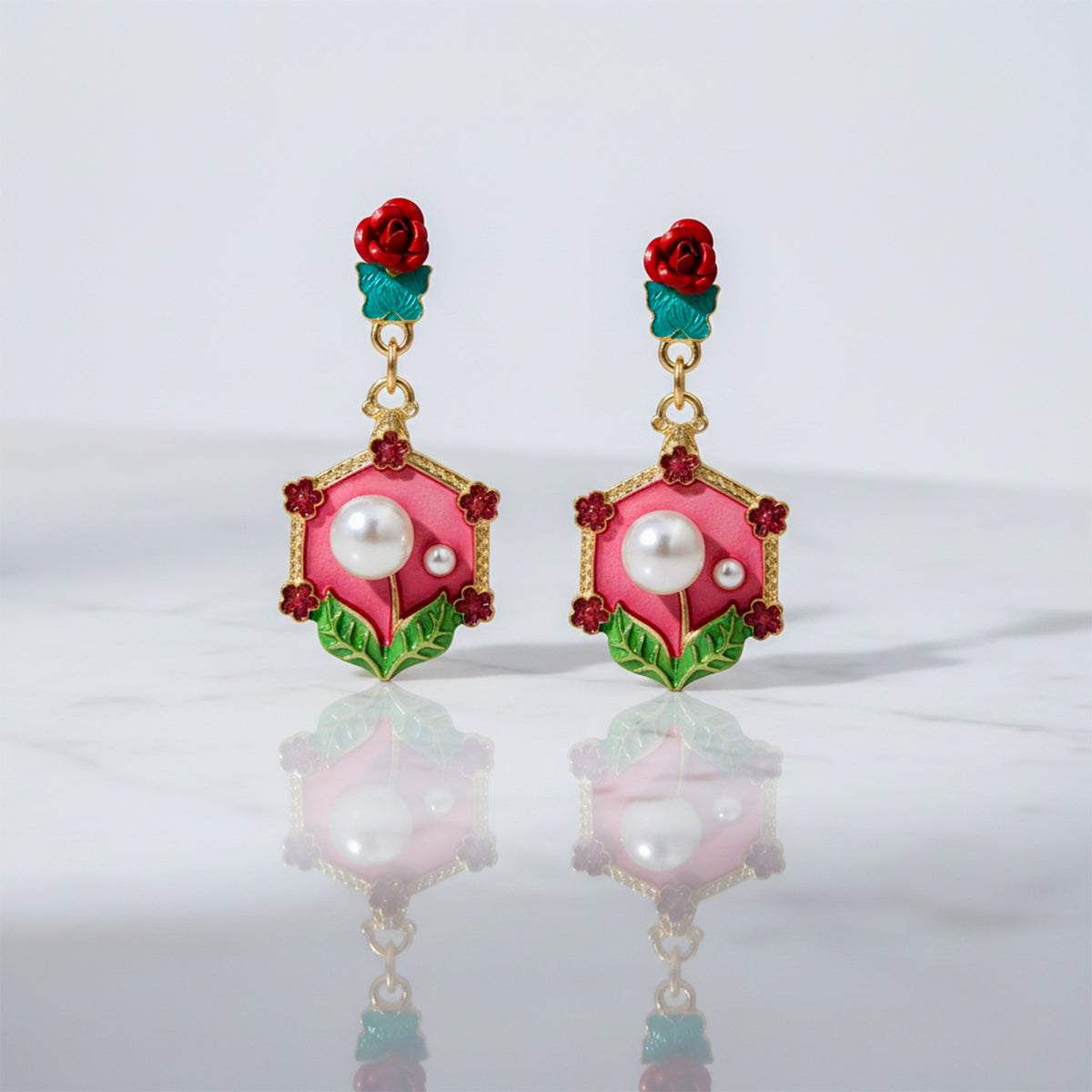 Rose Pearl Hexa Drops Earrings