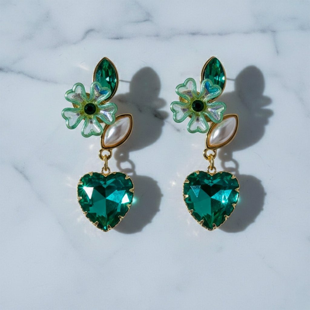 Green Luxe Floral Heart Earrings