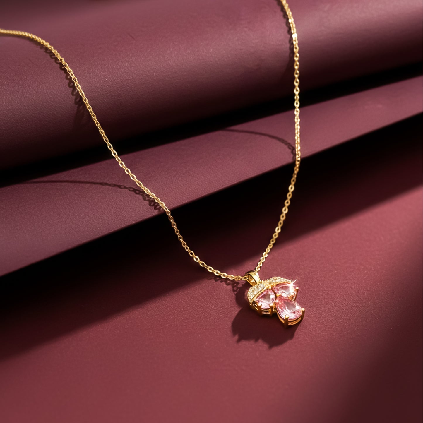 Royal Pink Crystal Leaf Pendant Necklace