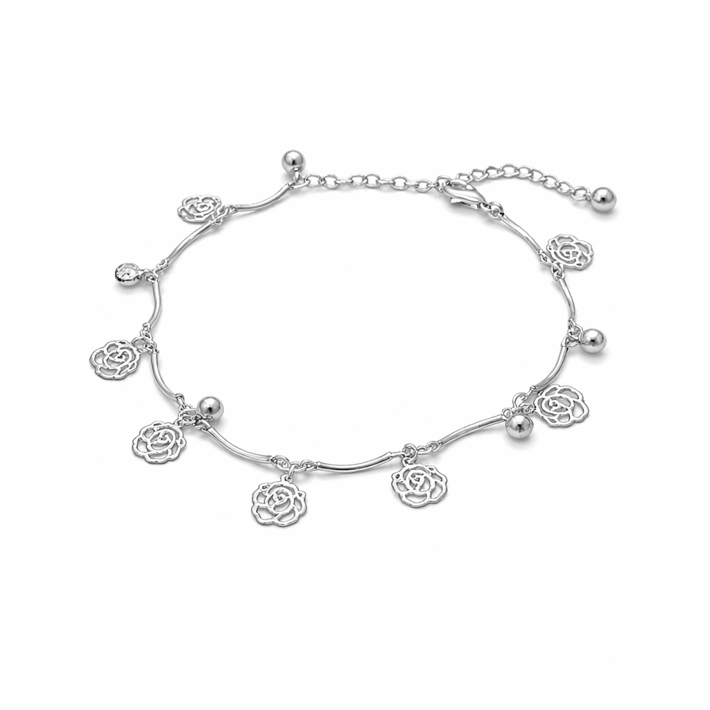 Silver Flower Charm Anklet with Beads