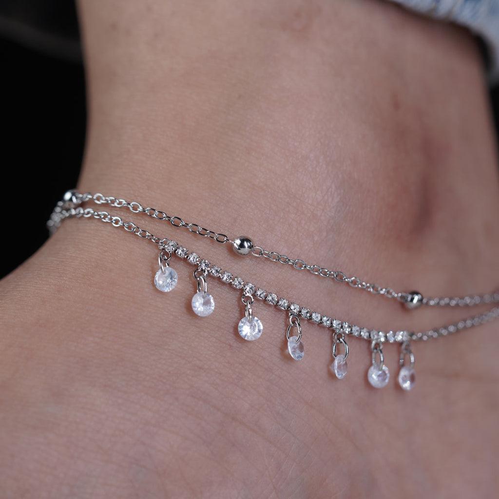 Dainty Crystal Dangle Silver Anklet