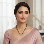 Woman wearing a necklace with a blurred background