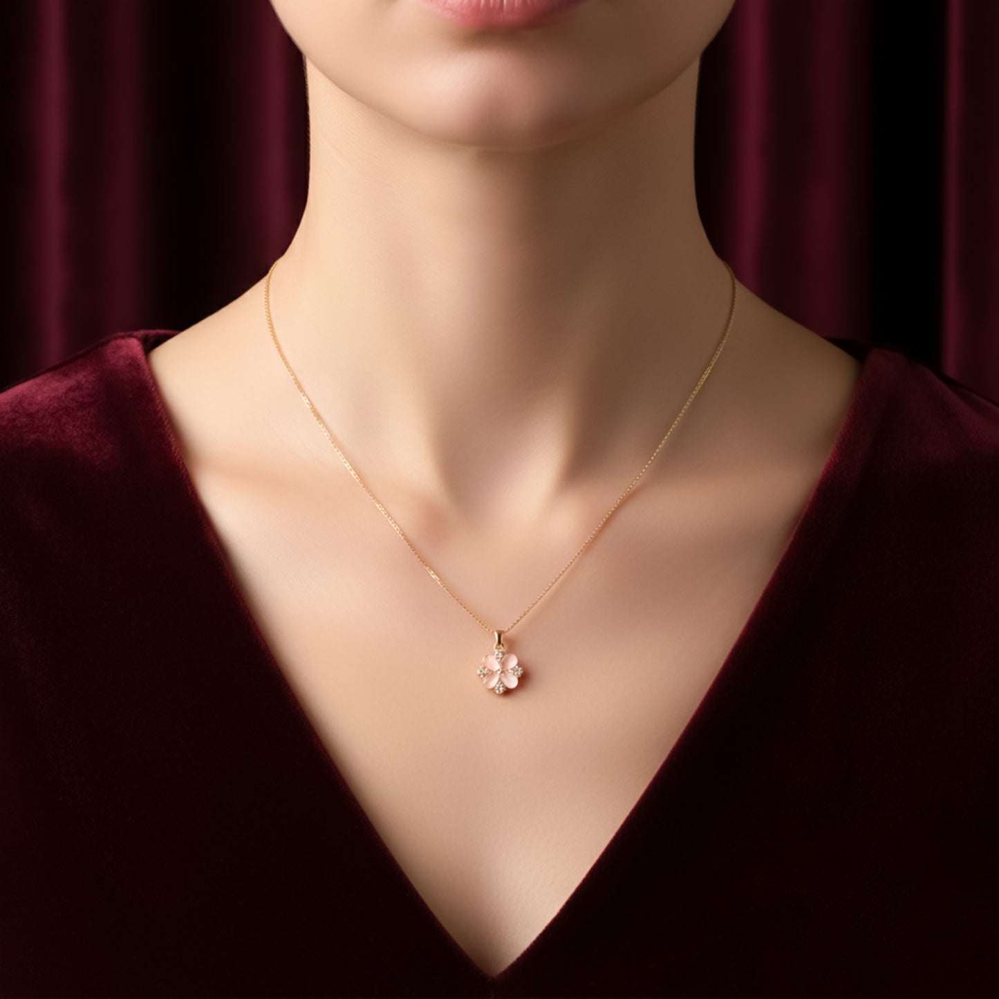 Delicate Pink Floral Charm Gold Necklace