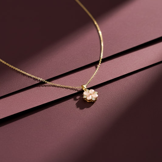 Delicate Pink Floral Charm Gold Necklace